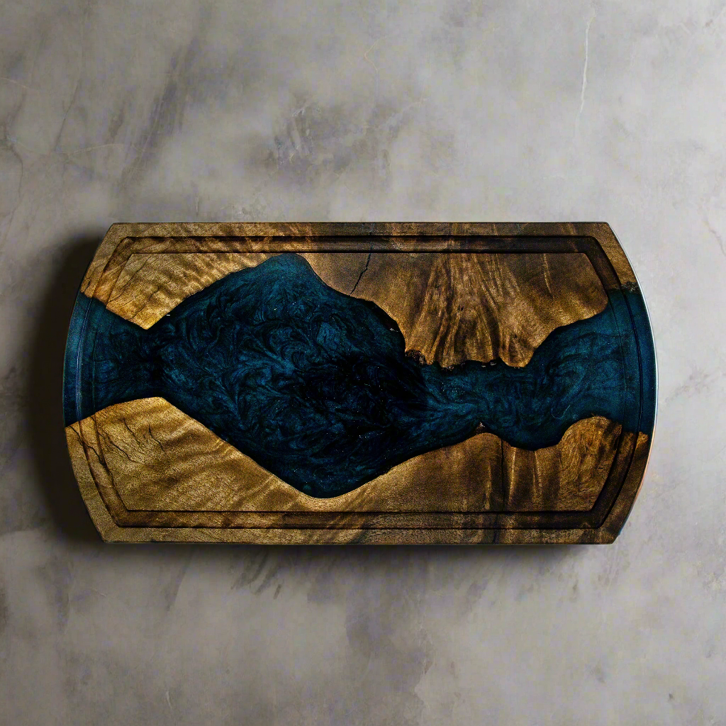 Wooden surface with blue resin inlay on a white background