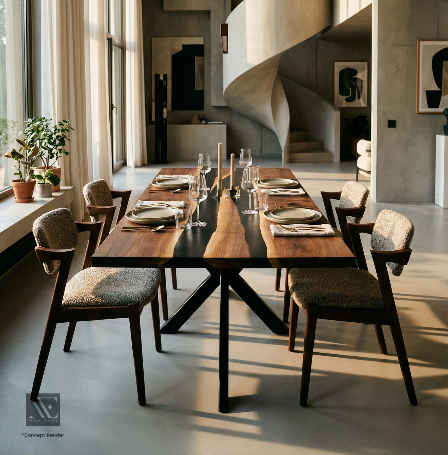 Dining area with a long wooden table and chairs in a modern interior setting.