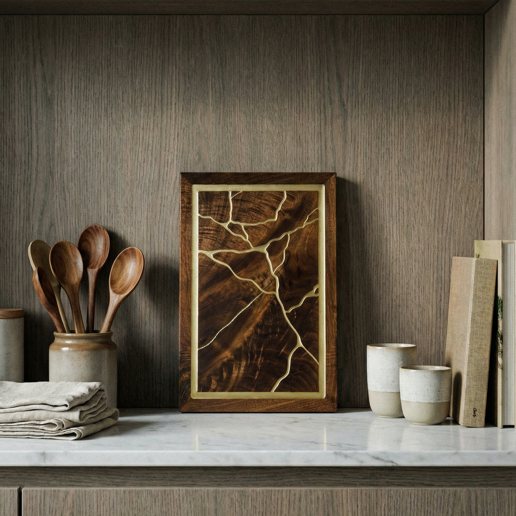 Kintsugi board sitting upright leaning against the backsplash on a white marble kitchen counter, surrounded by various cups, utensils and two cookbooks